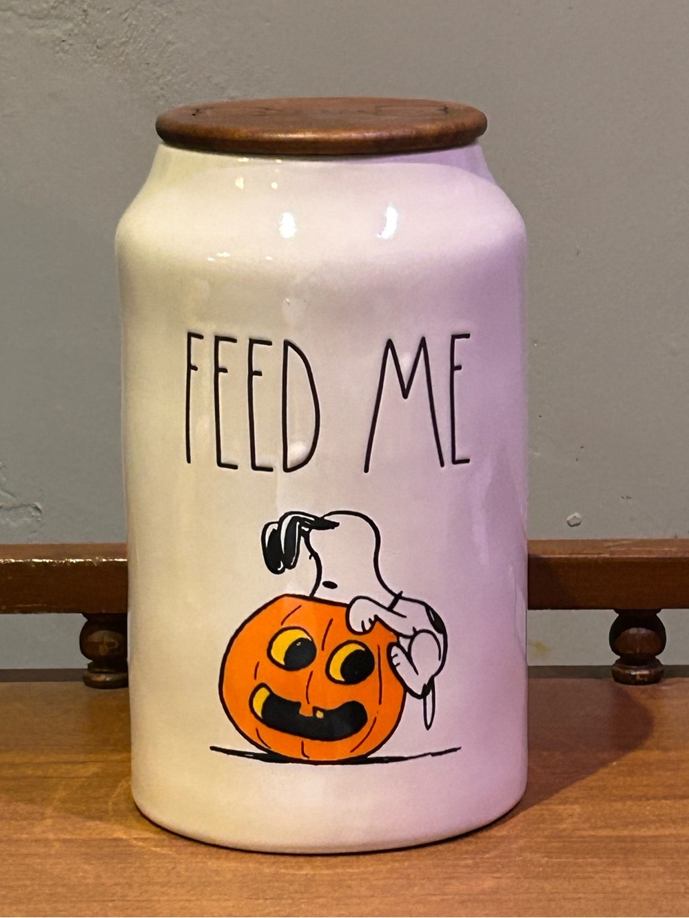 Rae Dunn Peanuts Snoopy Ceramic "Feed Me" Dog Treat Jar With Lid NWTS
